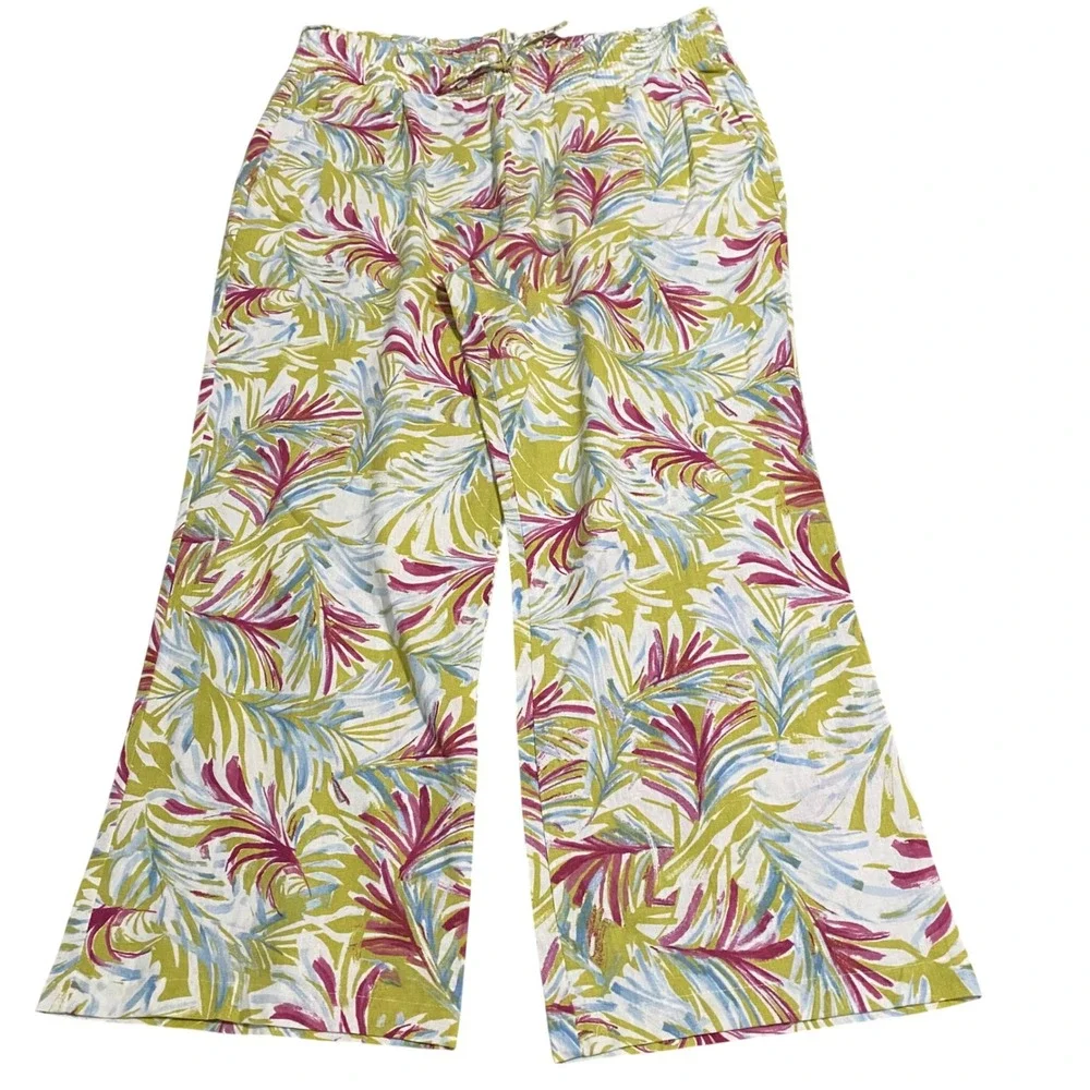 Land 'n Sea Womens XL Tropical Palm Print Linen Blend Wide Leg Pants‎ 312S5625HA